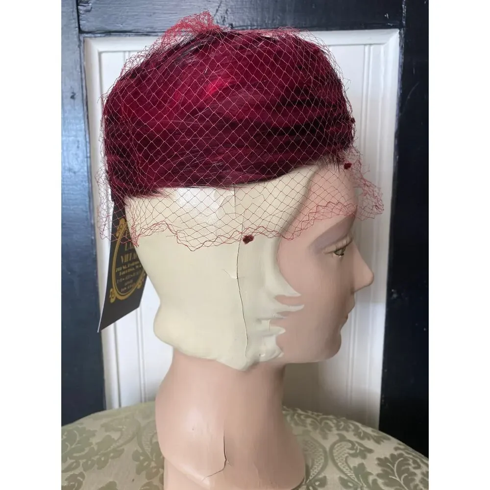 vintage 1960s maroon feather pillbox hat, 60s fashion, bird millinery, net veil
